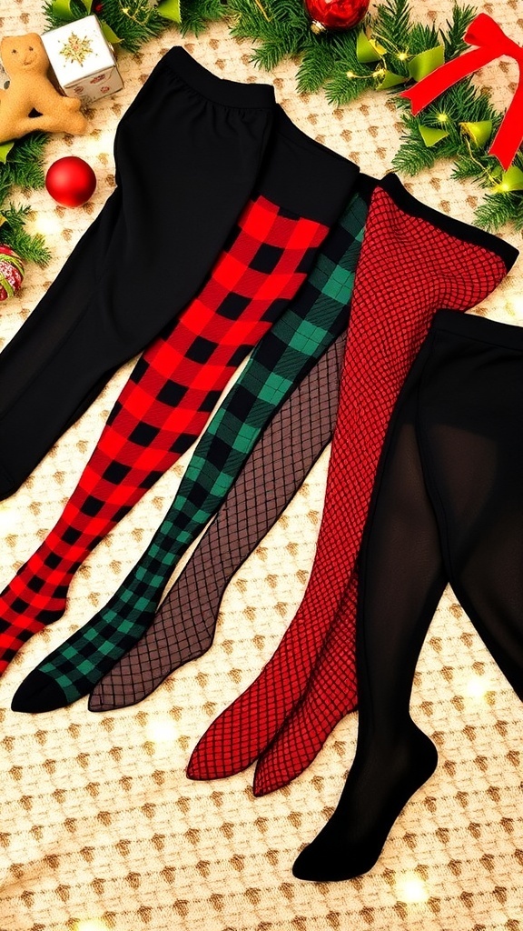 Stylish Tights for Christmas Party Outfits A collection of colorful and patterned tights on a festive background, perfect for Christmas party outfits.